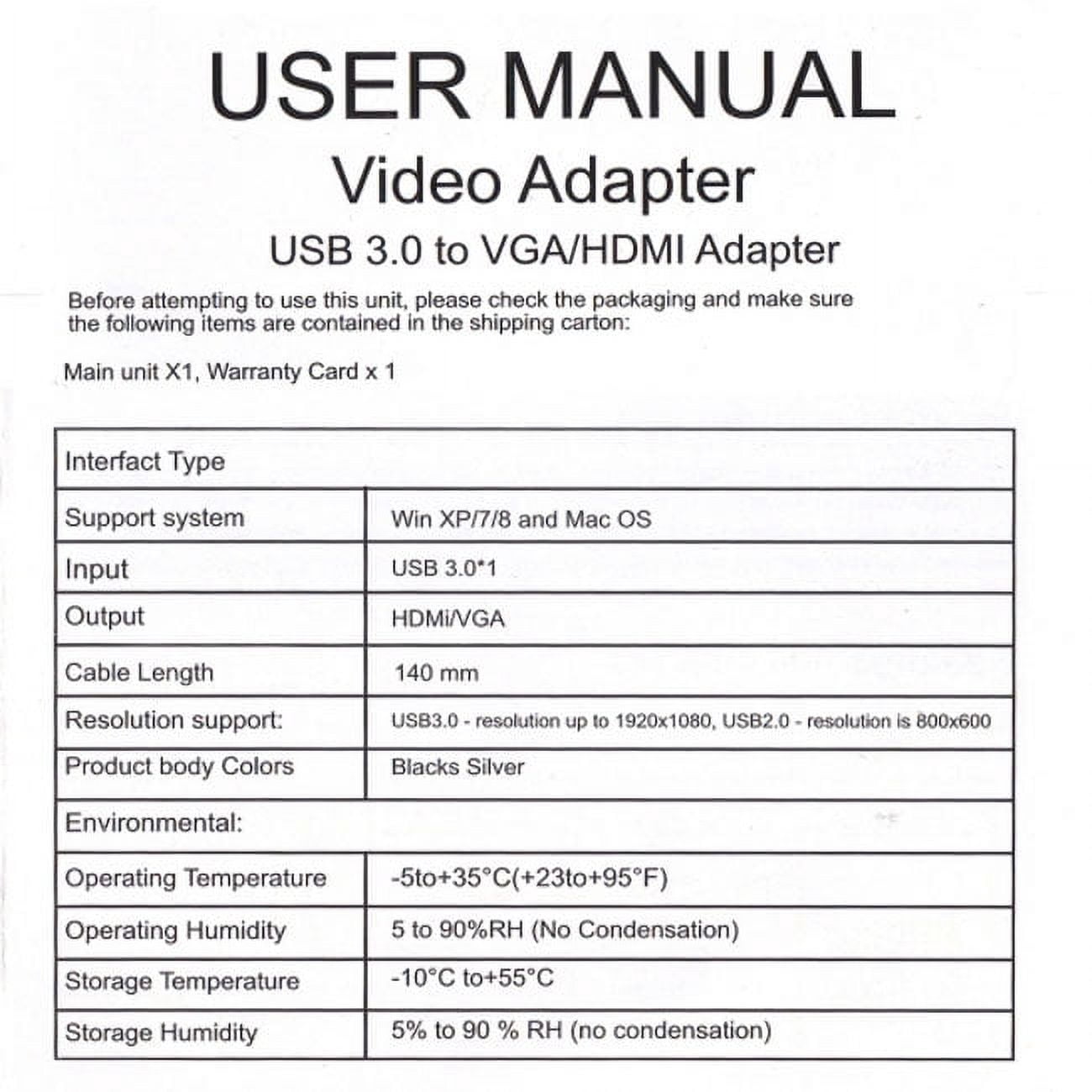 CY USB 3.0 2.0 to HDMI VGA HDTV Adapter Cable External Graphics Card for Windows Mac Laptop