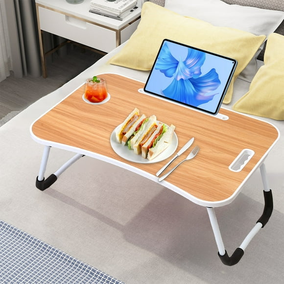 Ftwytp Sturdy Foldable Breakfast Tray with Cup Holder & Card Slot, MDF & Iron Multi-functional Snack Table for Bedroom Living Room Sofa, Compact Storage & Elegant Home Decor