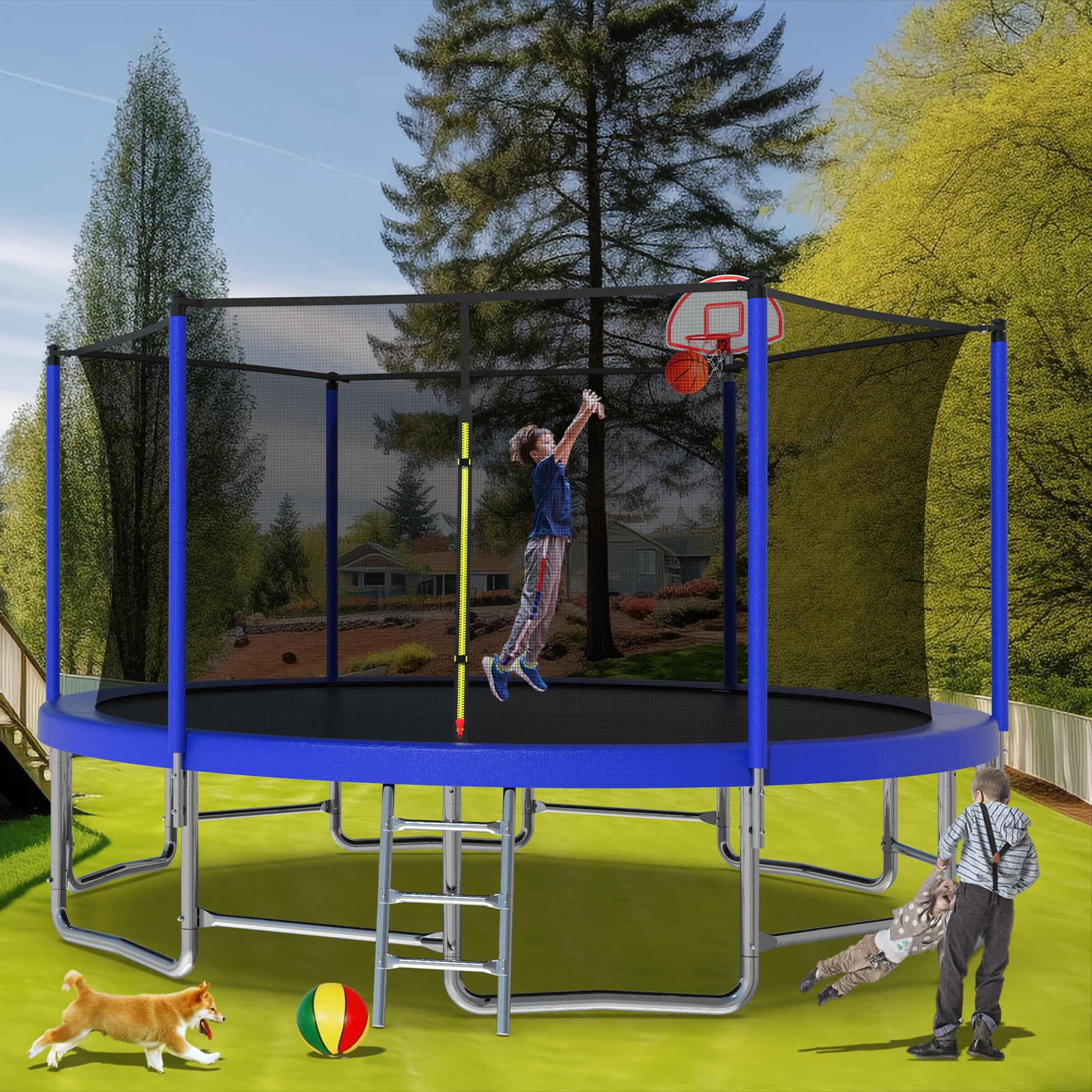 16FT Kids Trampoline with Hoop - Outdoor Trampoline W/Enclosure Net & Ladder, XXL Round Trampolines with Steel Support, Max Weight Capacity 1320LBS