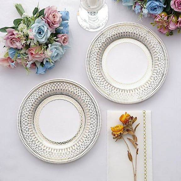 Balsa Circle 25 White 8" Round Disposable Paper Plates Gold Porcelain Design Party Events Tableware Decorations