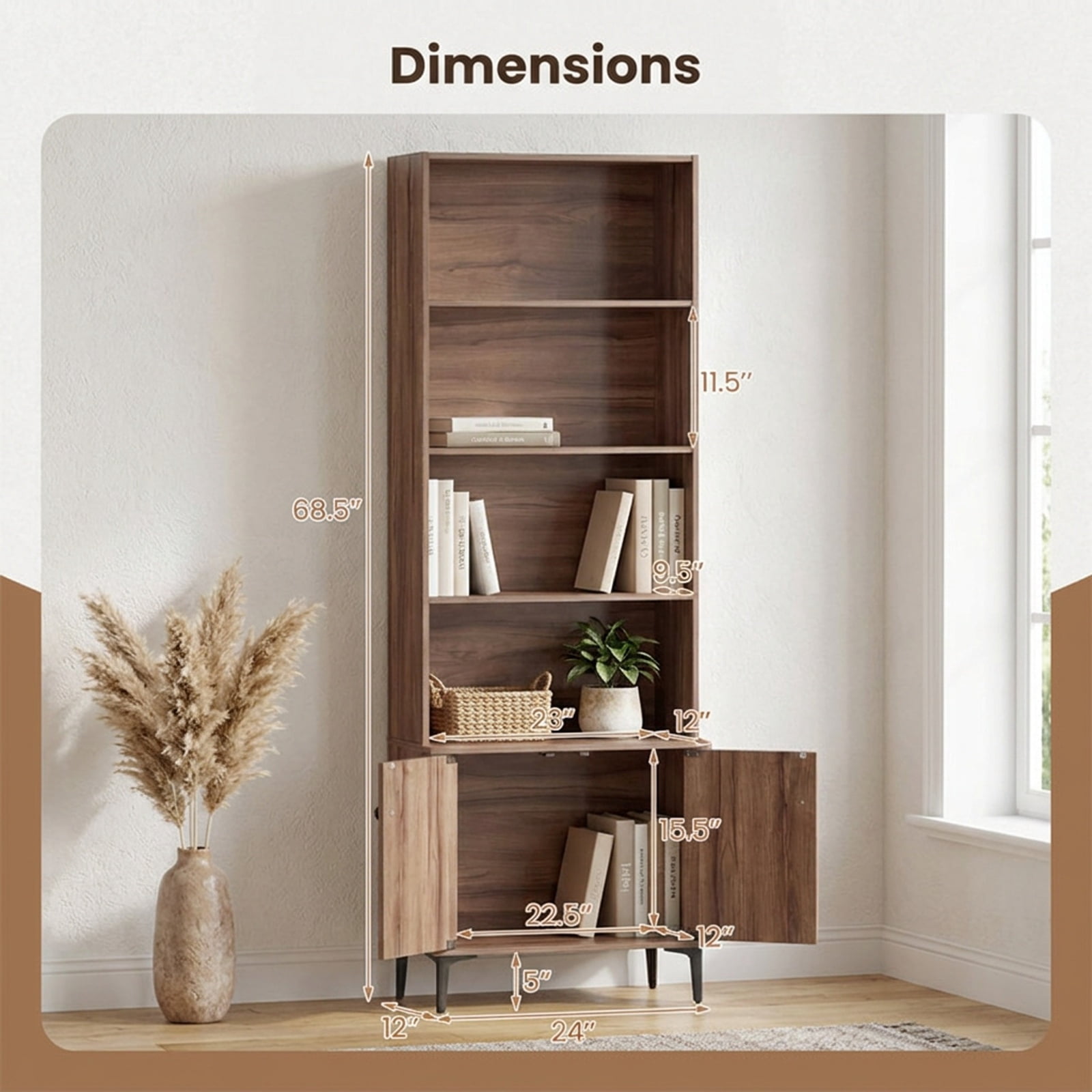Furnibear Giantex Bookshelf with Doors and 2 Anti-Tipping Kits for Home Office for Living Room Home Office Bedroom Display Storage Shelf, Walnut
