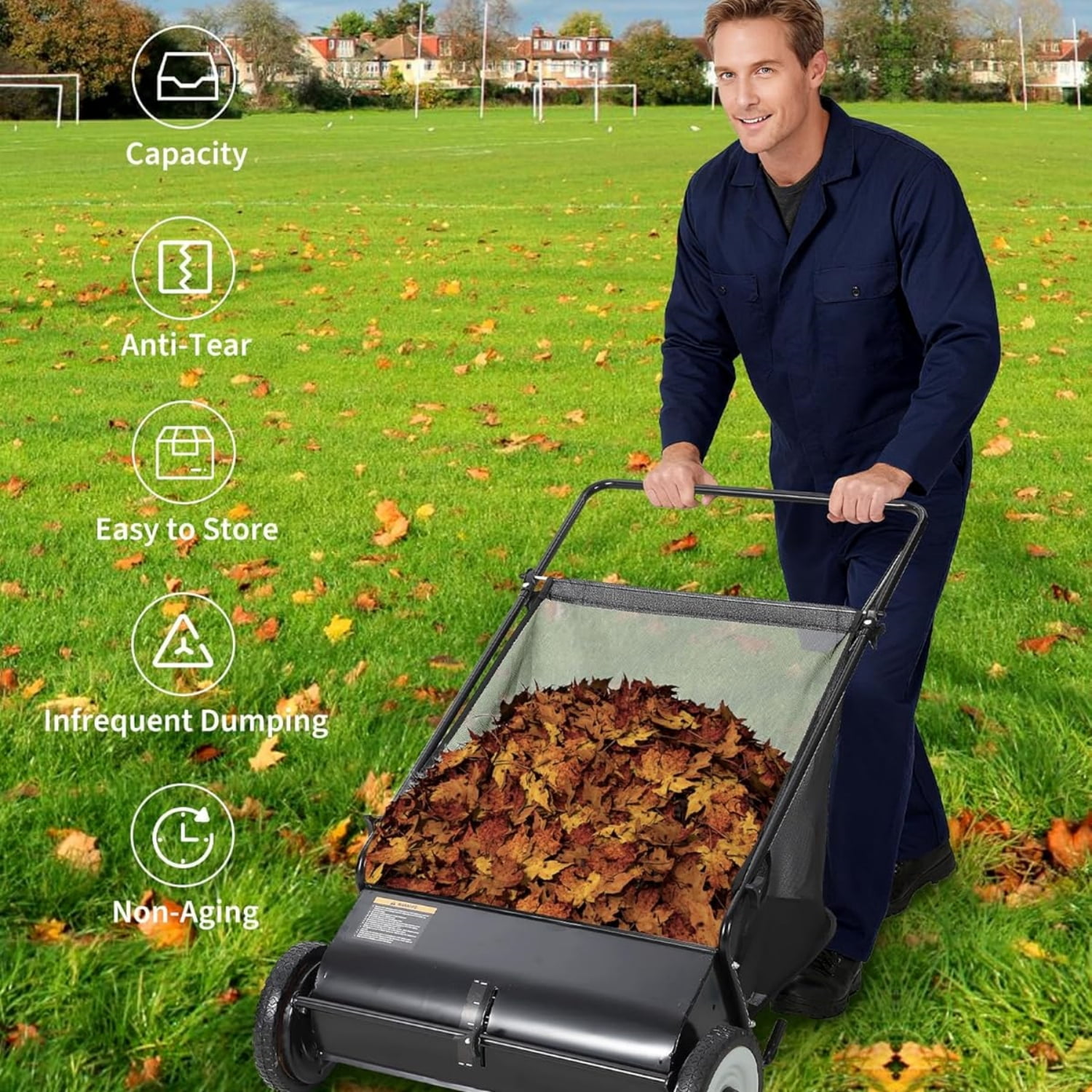 Riedhoff 26" Push Lawn Sweeper,4 Spinning Brushes, 7 Cu. Ft Capacity Collection Bag, Adjustable Height, Black