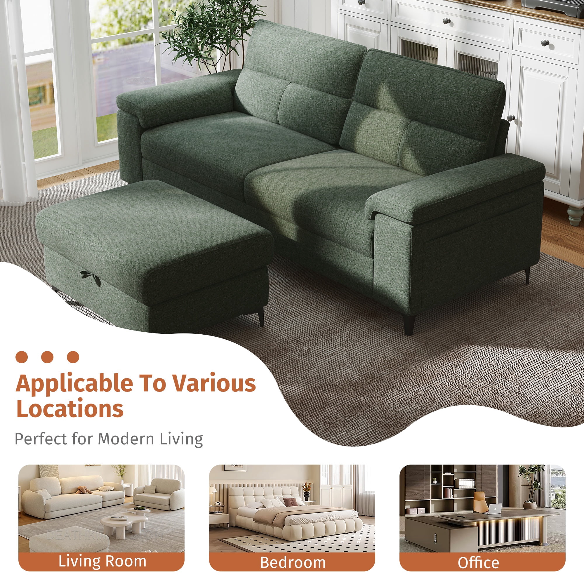 88" Loveseat Sofa with Storage Ottoman Adjustable Armrest 3-Seat L-Shaped Sectional Couch for Living Room Green