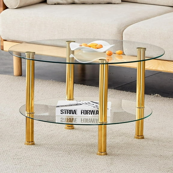 Gold Round Glass Coffee Table for Living Room, 27.5" Mordern Sofa Center Tables Clear Tempered Glass Stainless Steel Leg, Small Circle Coffee Table, Gold