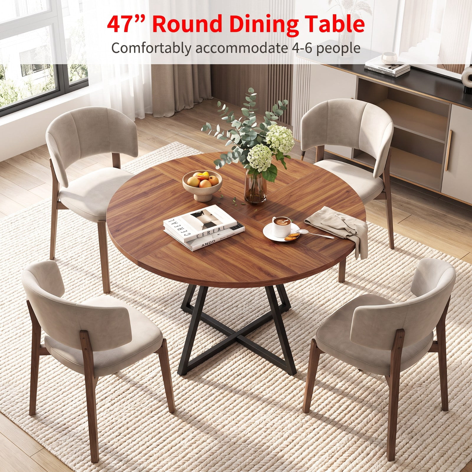 Furnibear 47 Inch Round Dining Table for 4 with Bottom Storage Shelf and Metal Frame