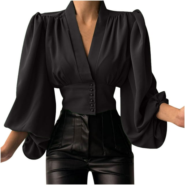 Pompotops Women Spring Casual Solid V Neck Lantern Long Sleeve Buttons Pullover Blouse Shirt Draw Back Short Tops