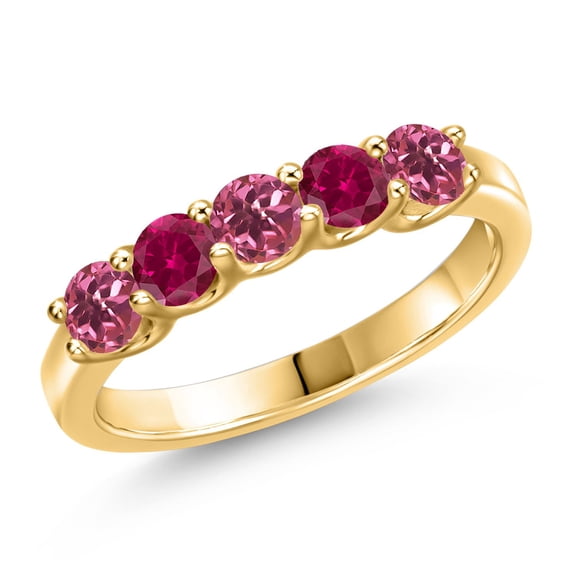 Gem Stone King 18K Yellow Gold Plated Silver Pink Tourmaline and Red Created Ruby Wedding-Bands Ring for Women | 0.95 Cttw | Round 3.5MM | Gemstone October Birthstone | Size 8