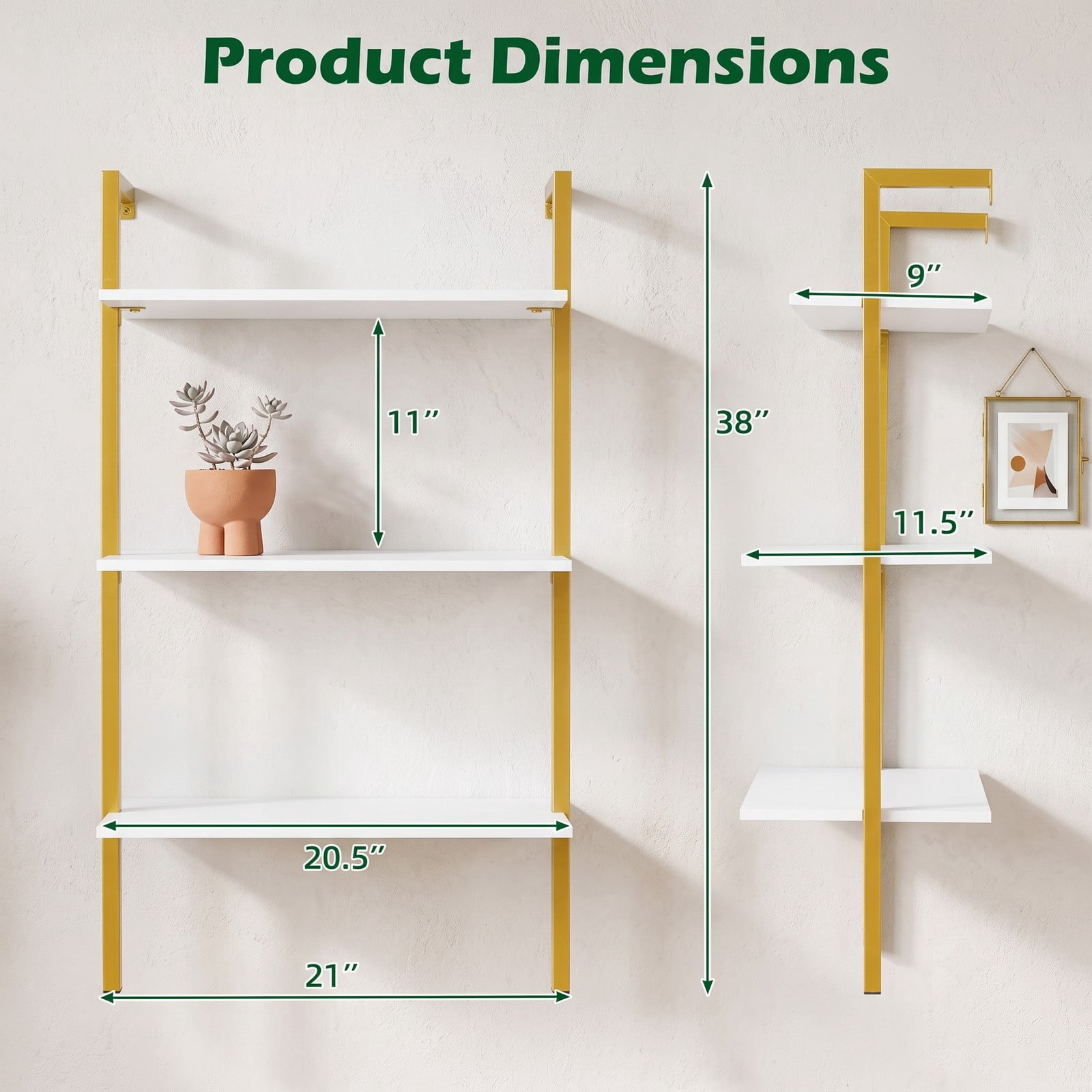 Furnibear 3-Tier Wall Mounted Floating Shelves, Modern Metal Ladder Bookshelf Wood Storage Display Shelving Unit for Kitchen Bathroom Living Room Home, Gold and White