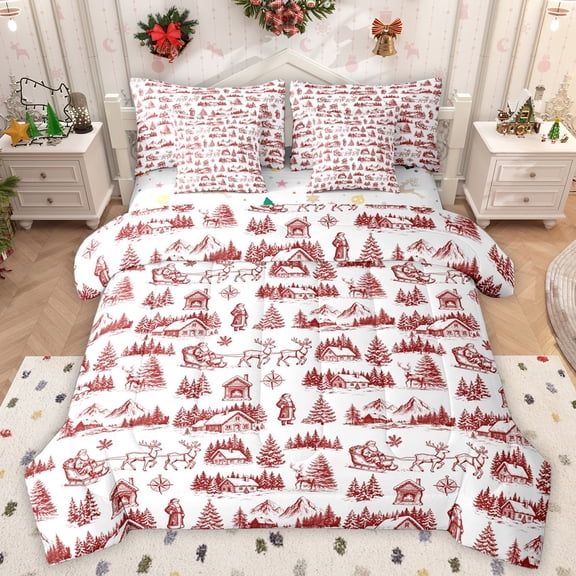 Manfei Teens Merry Christmas Twin Bedding Sets 7-Piece, Christmas Reindeer Animal Bedding Comforter Set, Cartoon Xmas Tree Reversible Sheet Sets, Luxury Bedroom Decor