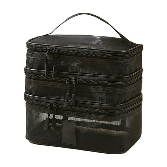 Mesh Makeup Bag, 3 Tier Cosmetic Bag, Small Travel Kit Storage Pouch Clear Portable Toiletry Bags Set for Women Girl (Black)