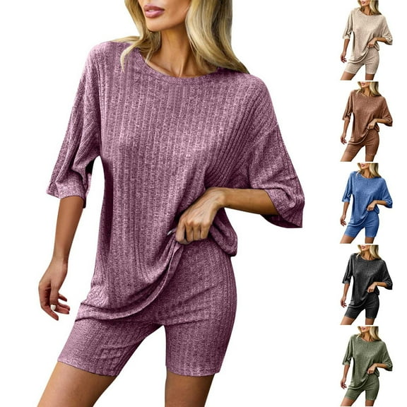 Summer Plus Size Two Piece Outfits for Women Fashion V Neck Short Sleeve Blouse  Loose Pockets Pants Sets