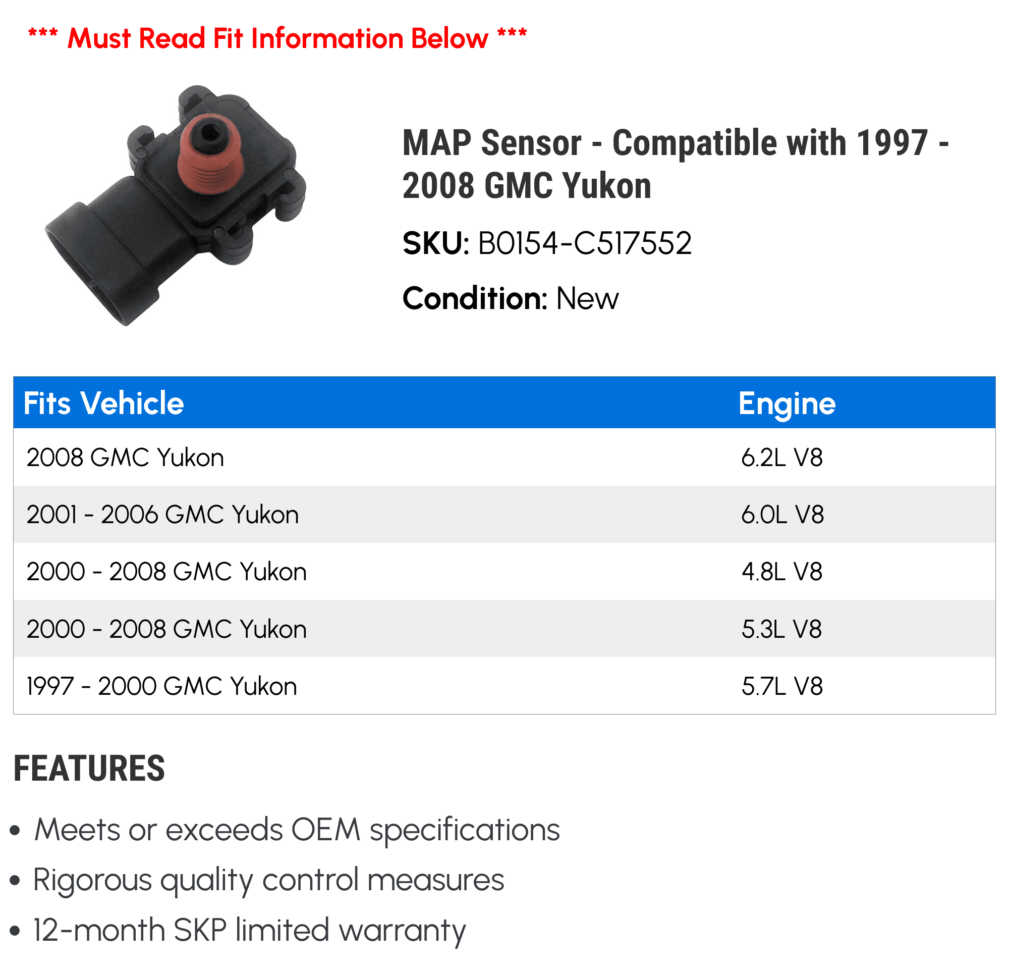 MAP Sensor - Compatible with 1997 - 2008 GMC Yukon 1998 1999 2000 2001 2002 2003 2004 2005 2006 2007