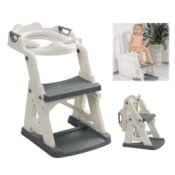 FENHRTVM Potty Training Seat with Step Stool Ladder,Adjustable Height 15-17 Inch,2-in-1 Toddler Toilet Seat with Steps Anti-Slip Pad,Grey