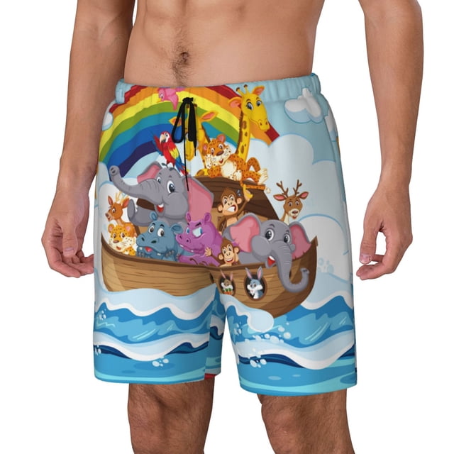 Balery Rainbow Animals on Noah's Ark Bañador para hombre, shorts de playa de secado rápido con entrepierna y forro de compresión-Large