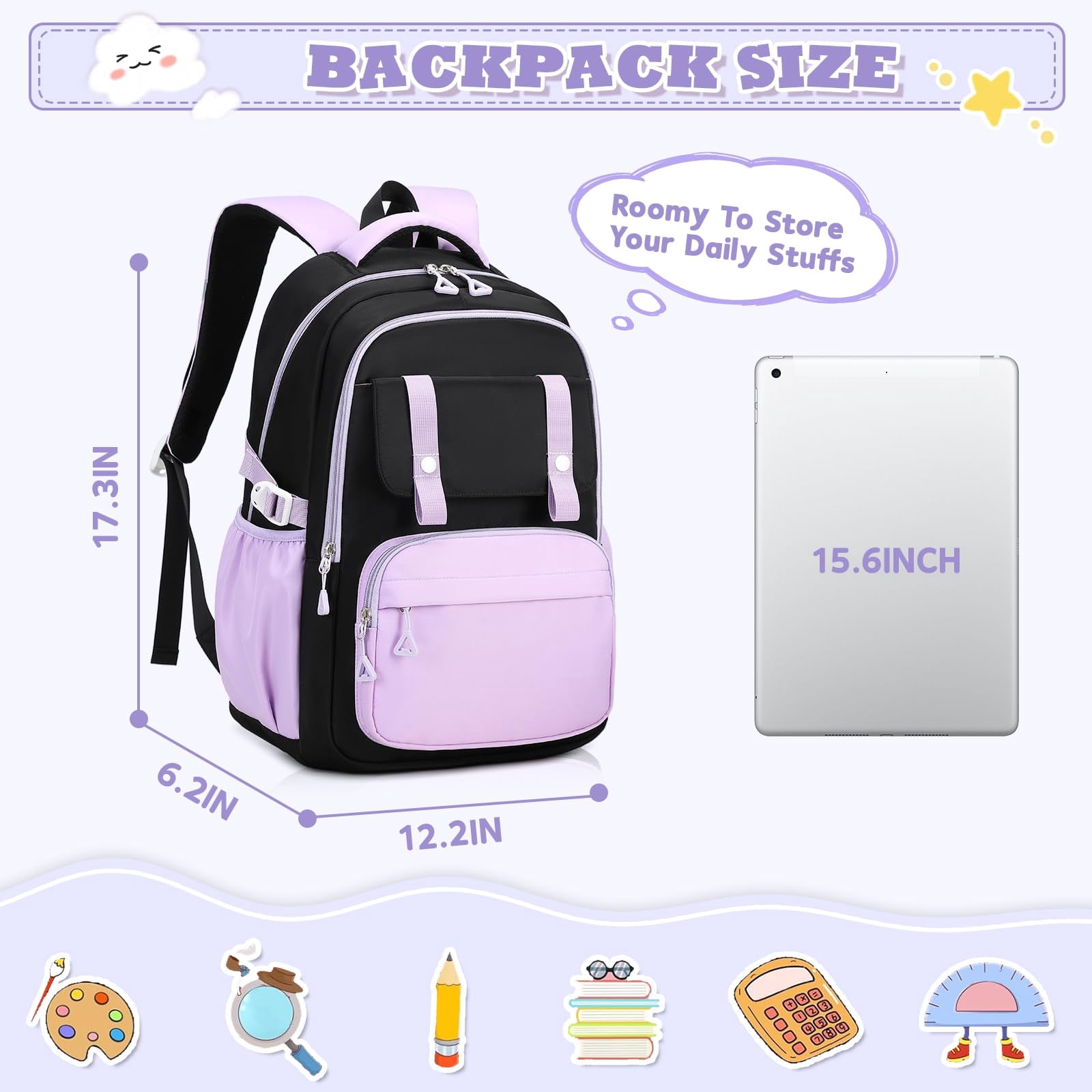 Soda Candy Girls Backpack Ideal Elementary Middle School Backpacks for Kids Cute Kawaii Large Capacity Bookbag with Reflective Strip, Black Purple