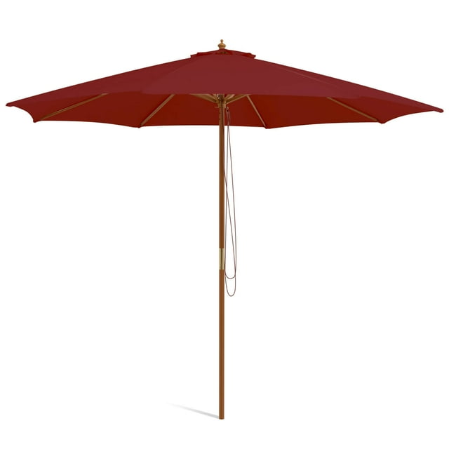 Gymax 10FT Wooden Market Table Umbrella Pulley Sunshade Canopy w/8 Bamboo Ribs Wine