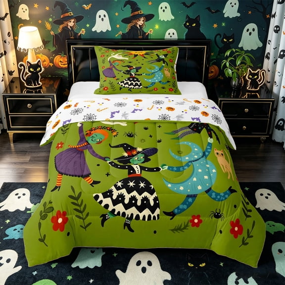 Manfei Halloween Festival Twin Comforter Sets 2pcs, Cartoon Witch Cat Flower Bedding Set, Green Red Orange,Reversible,1 Comforter and 1 Pillowcase