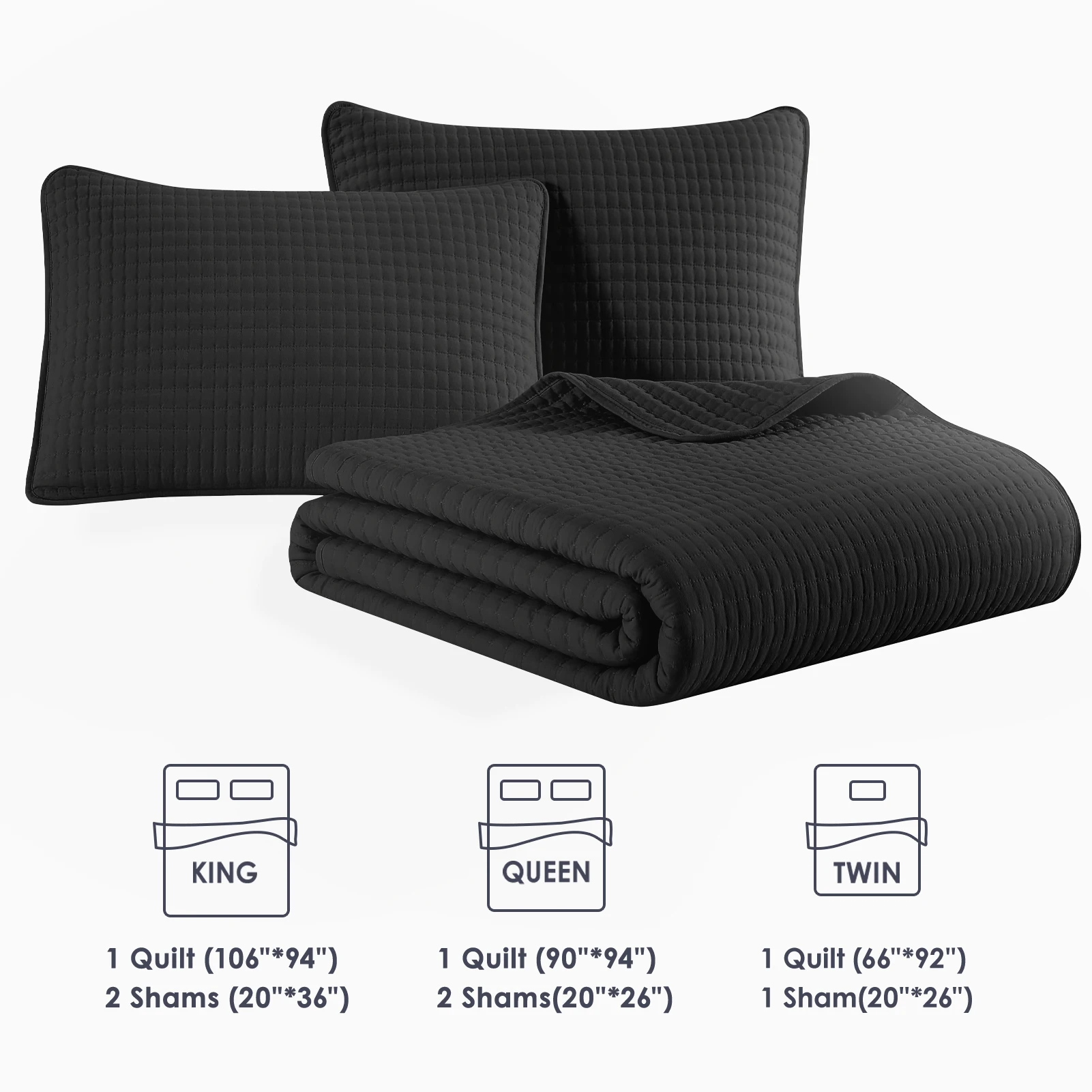 Amberspace Lightweight 3-Piece Bed in a Bag Quilt Set with Pillow Shams,Black,Queen