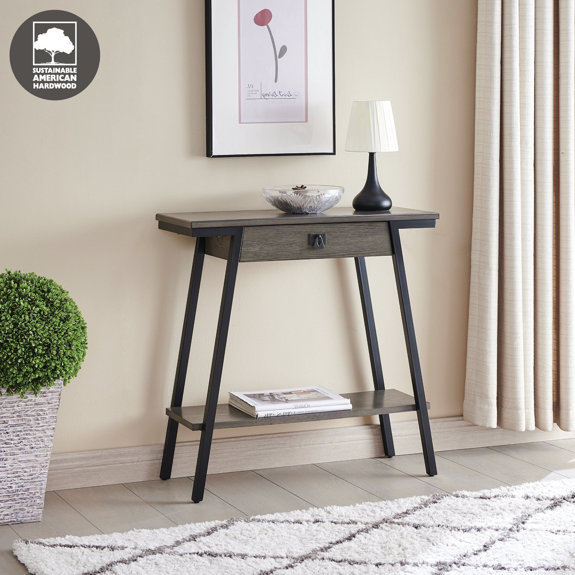 Leick Home Empiria Wood and Metal Console Table with Drawer, Gray/Matte Black