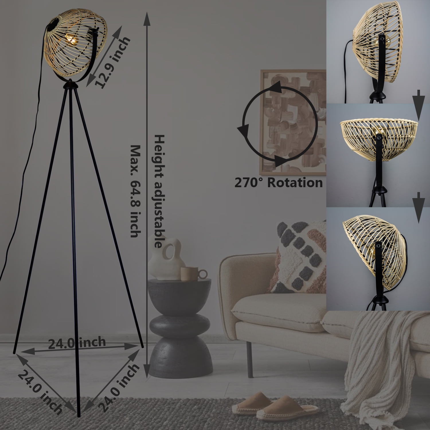 Osasy Tripod Lamp Rattan Wicker Floor Lamp Boho Tripod Floor Lamps for Living Room, Mid-Century Floor Lamp, Unique Floor Lamps Vintage Traditional Standing Lamp Kids Room Tripod Boho Floor Lamp
