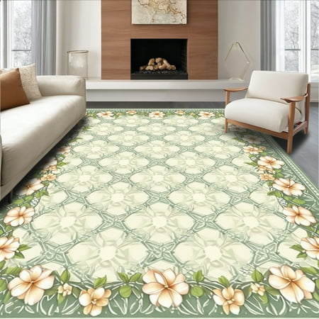 ODIKA 4'x6' Machine Washable Non-Slip Area Rug, Avant Garde Knotwork With Plumeria Splendor And Globe Motif High Traffic Rug, Beige, 193123