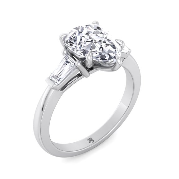 Mauritius - Moissanite Pear Shape Lab Diamond Engagement Ring with Tapered Baguette Side Stones