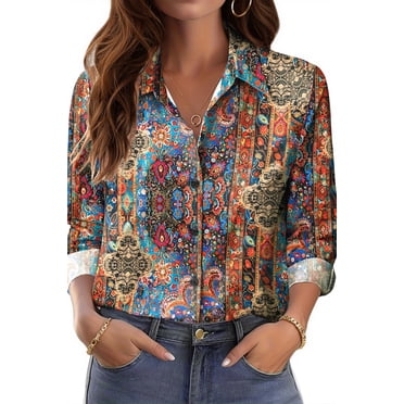 Fantaslook Womens Button Down Shirts Boho Floral Printed Long Sleeve Blouses Business Work Shirt Dressy Casual Loose Tops