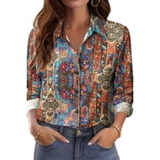 Fantaslook Womens Button Down Shirts Boho Floral Printed Long Sleeve Blouses Business Work Shirt Dressy Casual Loose Tops