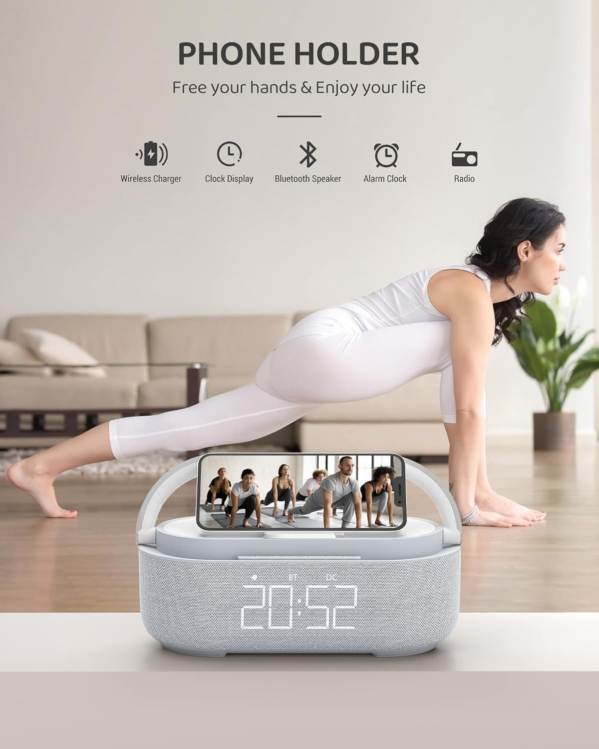 6-in-1 Wireless Charger Bluetooth Speaker with Alarm Clock, FM Radio & Night Light for iPhone + 18W Adapter Gray