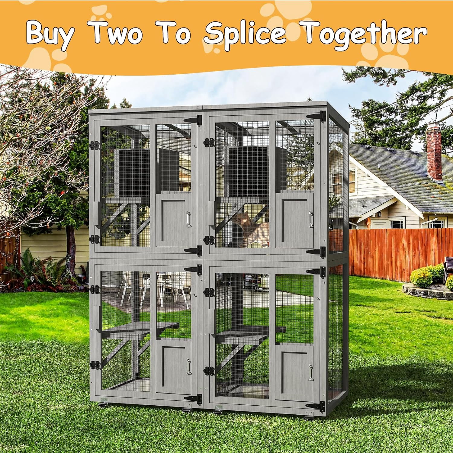 TIMHAKA Outdoor Cat Catio Enclosure, 4 Tiers Indoor Catio w/ Wheels, Resting Box, Waterproof Roof, Gray