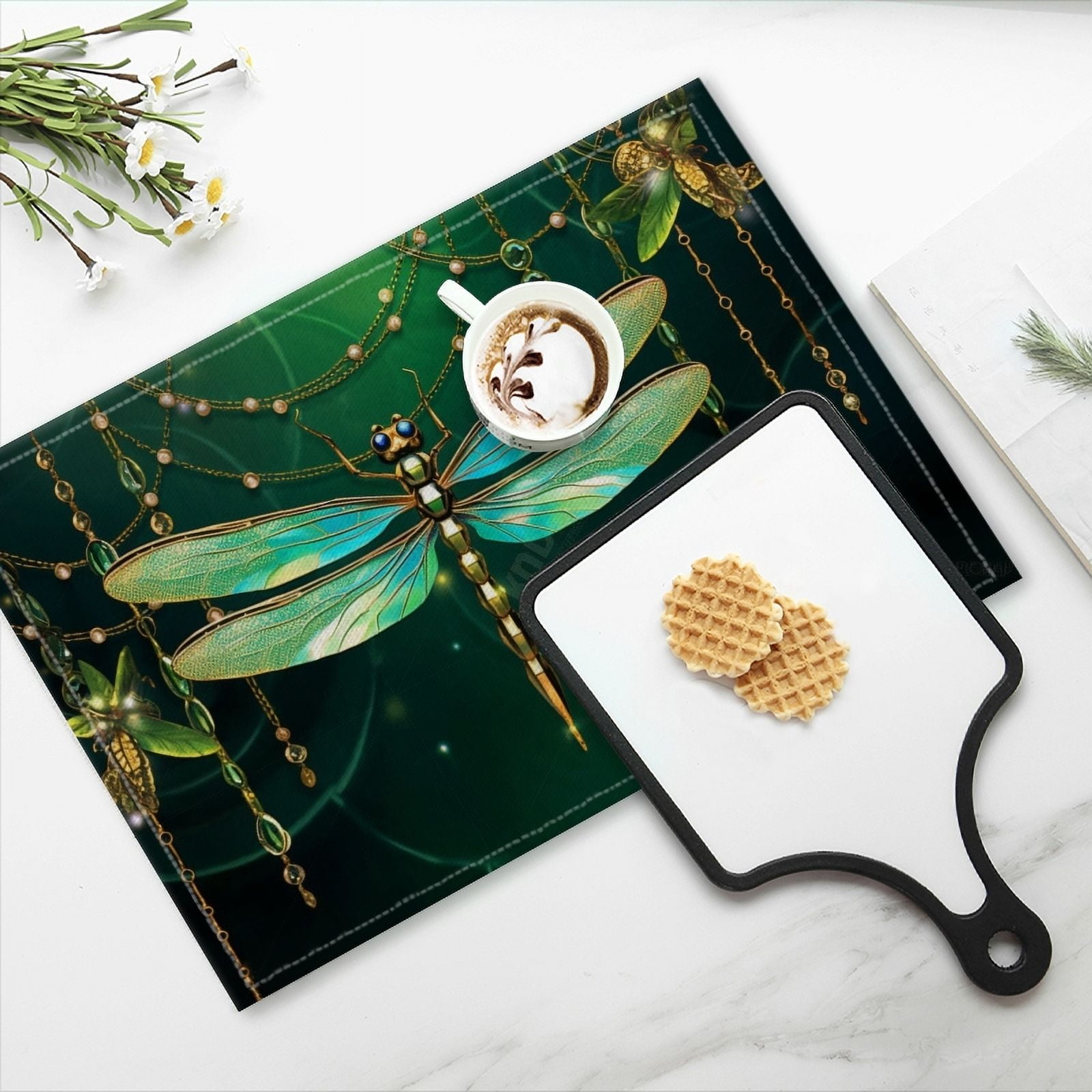 BaHomeck placemats Set of 4 Dragonfly Made Of Green And Gold With Gemstones Hanging Cotton Linen rectangle Placemats for Kitchen Dining Table Indoor,Outdoor,18*12inch