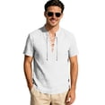 thumbnail image 2 of Men's Linen Shirts Short Sleeve Stand Collar Lace Up T Shirts Casual Lightweight Breathable Relaxed Fit Summer Tees, S, 2 of 7