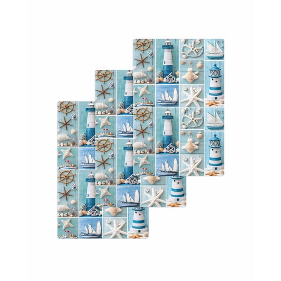 Ocean Coastal Kitchen Dish Towels for Drying Dishes Set of 3, Nautical Starfish Lighthouse Anchor Ship Waffle Weave Microfiber Terry Hand Tea Bathroom Towels Quick Dry & Absorbent Towel 15.7x23.6