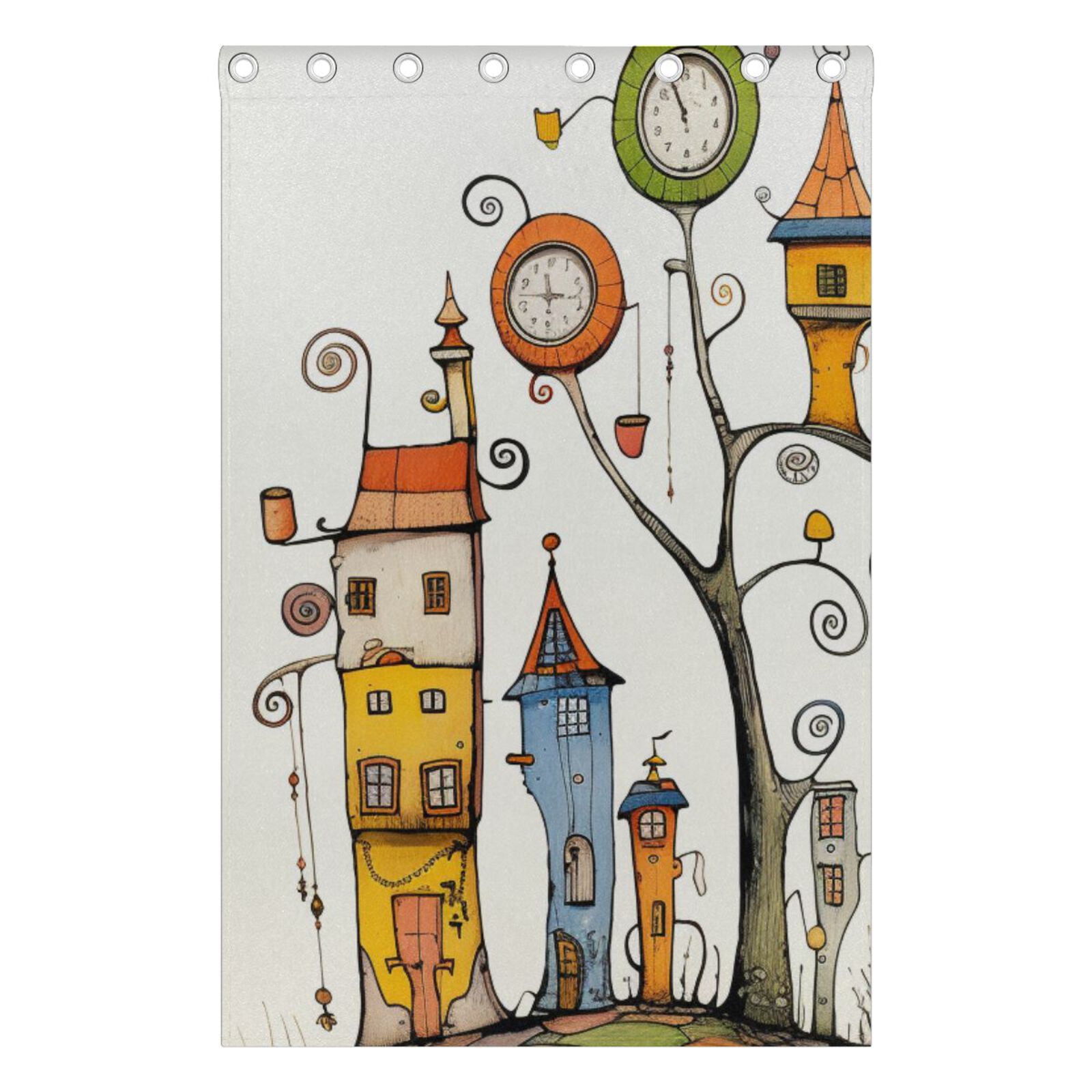 Trees Houses Clocks Black Out Curtains 84 Inch Length Curtains for Sliding Glass Doors Bedroom Living Room 2 Pack