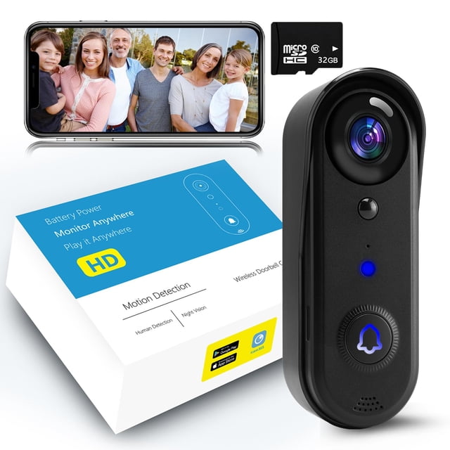 PEKNIU Timbre con cámara inalámbrica con timbre, sin tarifa mensual, con tarjeta de memoria de 32 GB, audio bidireccional, visión nocturna, detección de movimiento, alerta, WiFi 2.4G