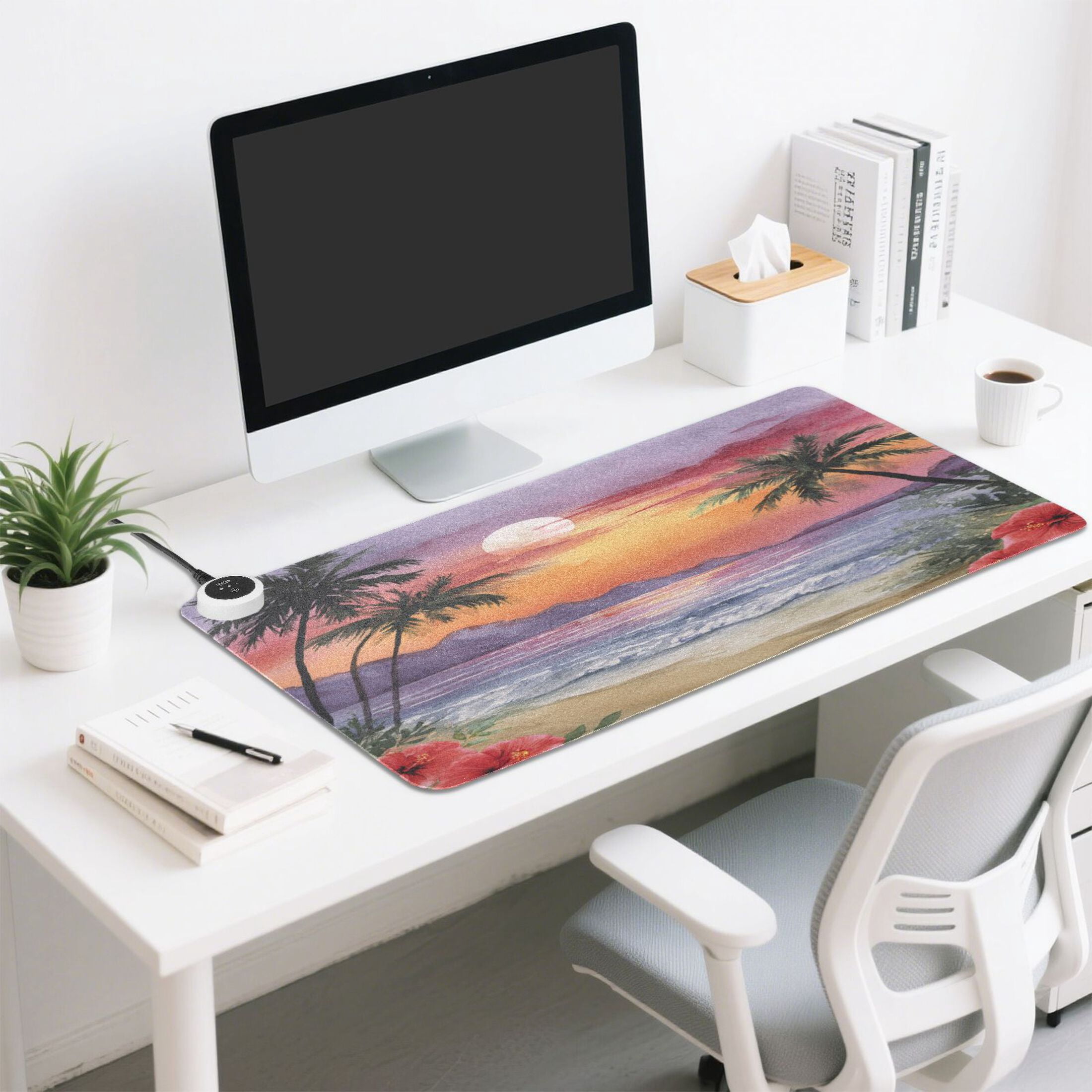 Large Heated Desk Mat Mouse Pad 31.5"x13"PU Leather Graphene Heating Desk Warmer with 3 Temperature Settings 110V US Plug Non-Slip Warm Pad for Home, Office, and Gaming Tropical Sunset Beach Print