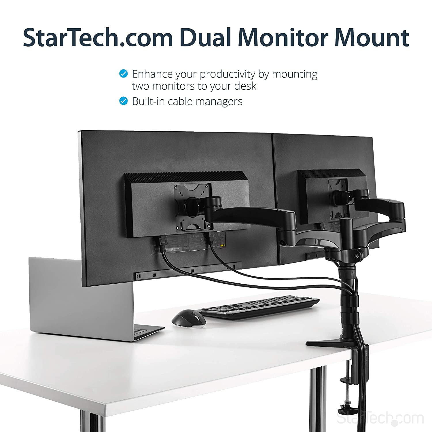 StarTech.com Desk Mount Dual Monitor Arm â€“ Articulating - Supports Monitors 12 to 24 â€“ Adjustable VESA Monitor Arm - Grommet or Desk Mount â€“ Black (ARMDUAL)
