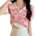 thumbnail image 2 of Camisas de punto de manga corta para mujer, Blusa de manga corta con estampado de cuadros en forma de corazón y cuello vuelto adelgazante y elegante, 2 of 8