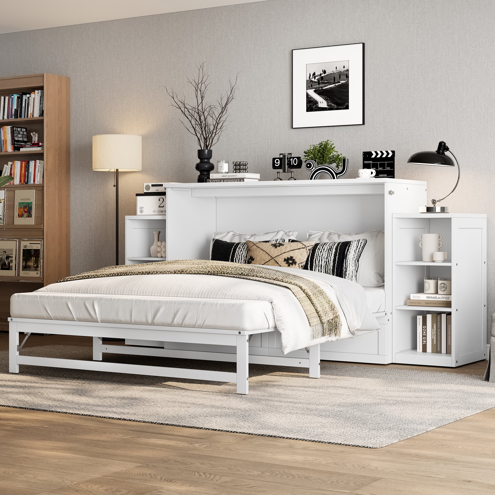 Mintazer Queen Size Murphy Bed with 6 Side Shelves & 2 Drawers, Modern Foldable Cabinet Bed for Bedroom Apartment Guest Room, White