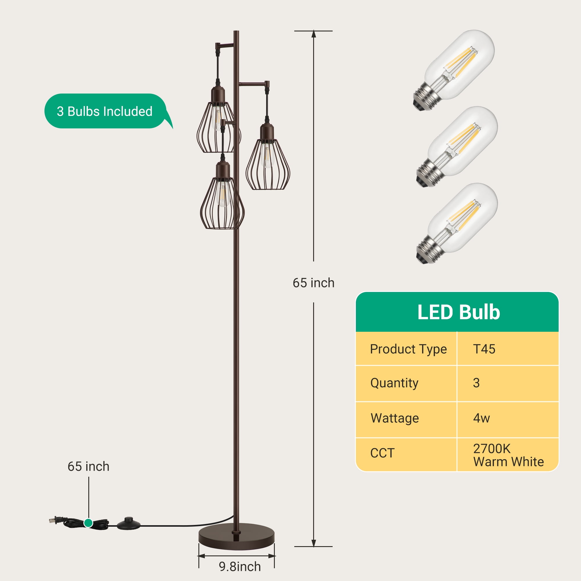 EDISHINE 3-Light 65.5" Tree Floor Lamp with bulbs included，Perfect for Living Room, Bedroom, Office, Dining Room Decor - Bronze