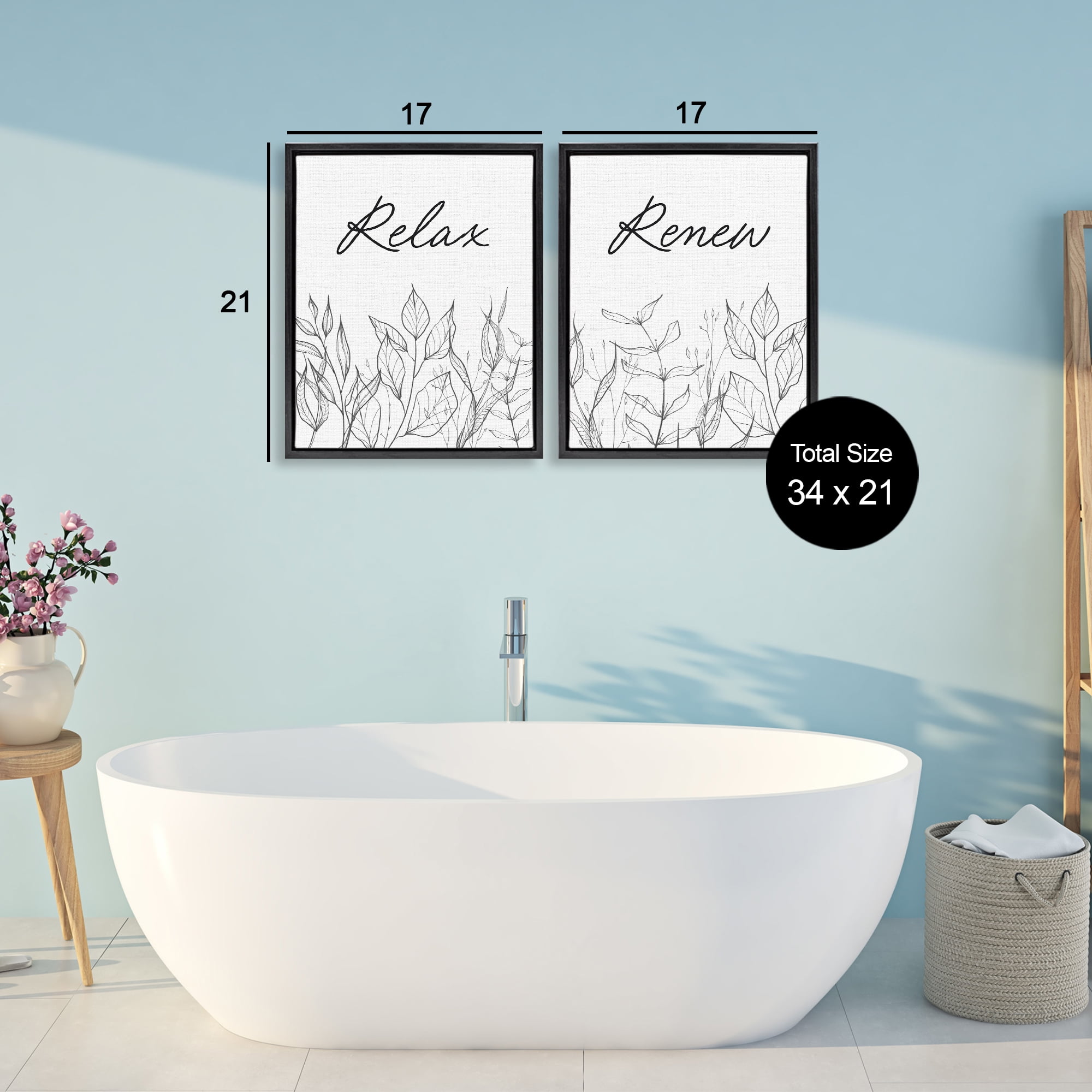 Relax and Renew Leaf Outlines 2 Piece Black Framed Floater Canvas Set, design by Lettered and Lined