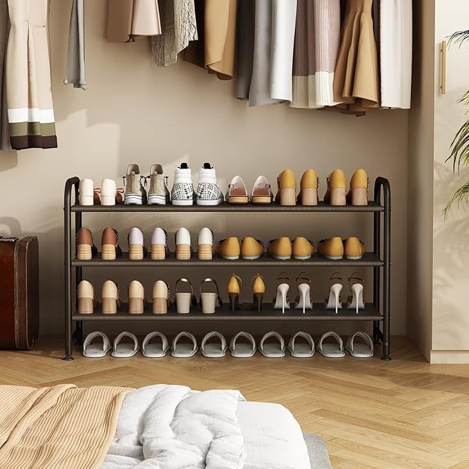 Seamika 3-Tier Metal Shoe Rack for Closet, Wide Shoe Shelf Organizer, Entryway Storage – Brown