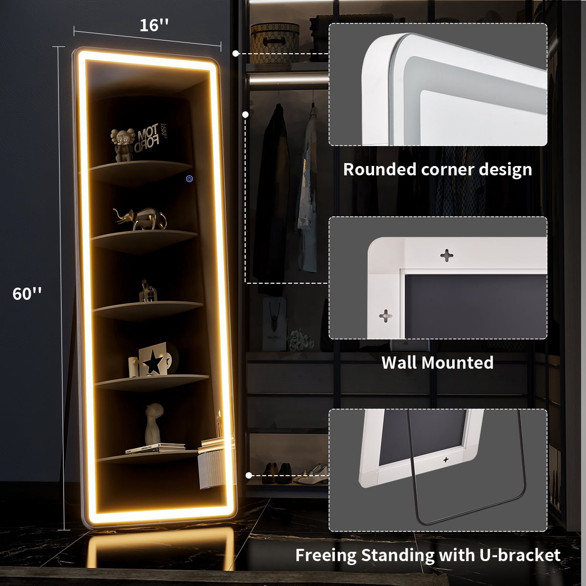 BEAUTYPEAK 60" x 16" LED Rectangular Full Length Mirror Standing Floor Mirror with Safe Corners,White