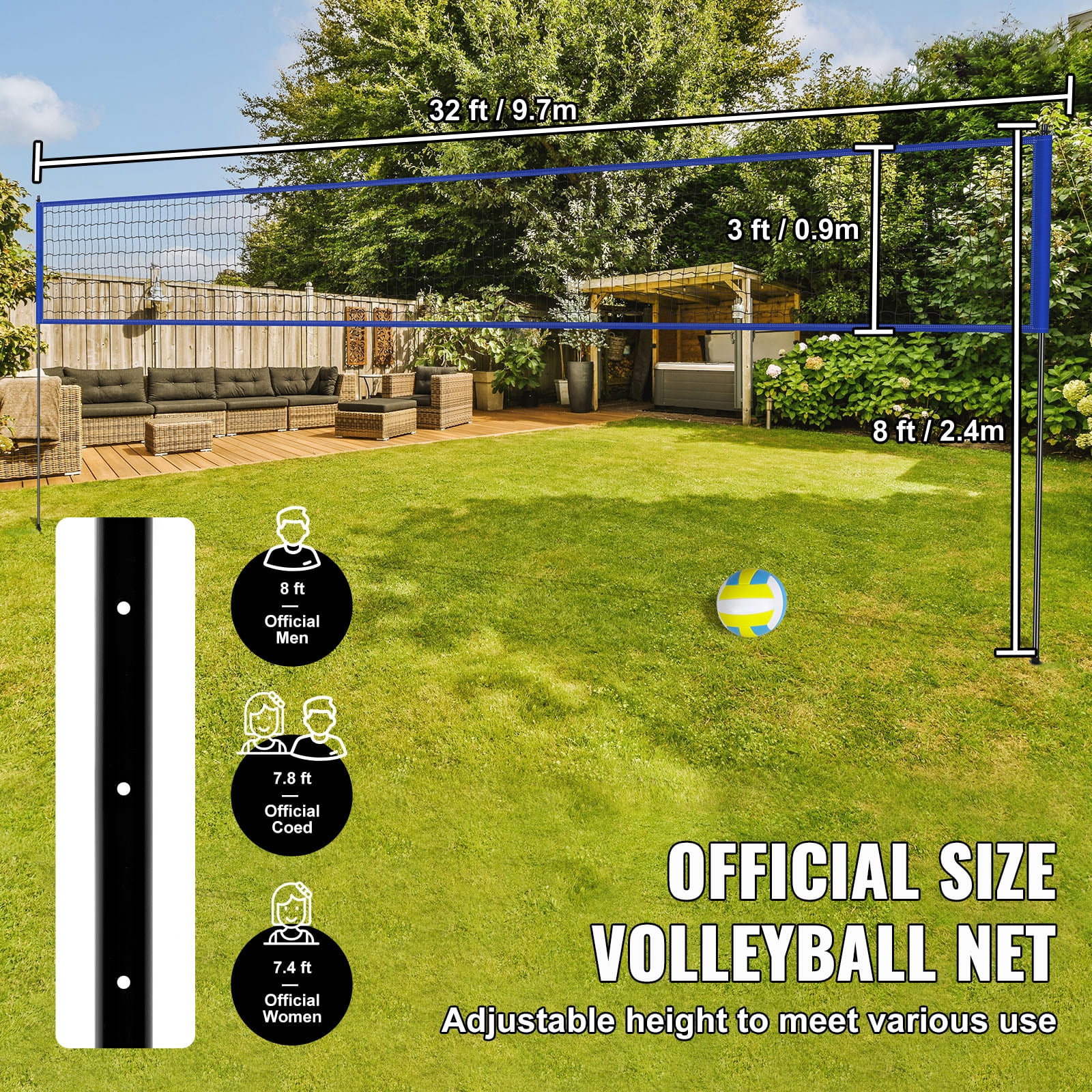 BENTISM 32ft x 3ft Portable Volleyball Net System Adjustable Height Poles with PVC Volleyball, Carrying Bag, Boundary Lines, Steel Poles & Pump for Outdoor Sports