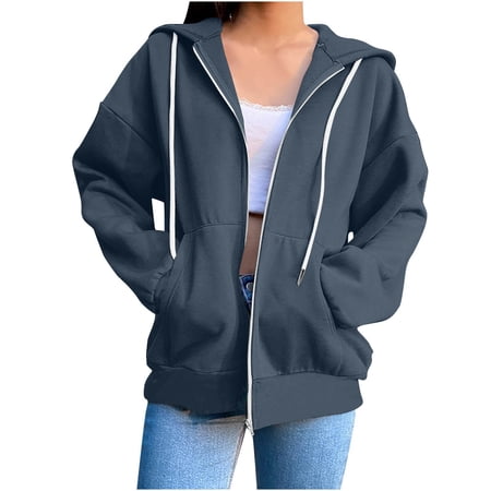 UAMVSH Womens Full Zip up Hooded Jackets Casual Long Sleeve Sweatshirt Outerwear with Pockets Classic Drawstring Hoodie Coats(XX-Large Navy)