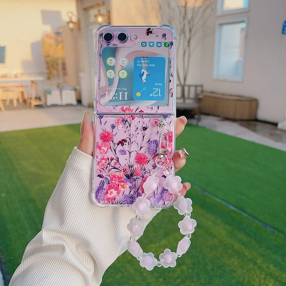 Allytechgroup Flower Series Slim Phone Case for Samsung Galaxy Z Flip 4, Soft TPU Back Cover with Hand Wrist Stylish Shockproof Bumper Case for Galaxy Z Flip4, T15