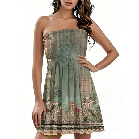 OAMDNDEA Beach Dresses for Women Floral Print Strapless Tube Top Dress Summer Sleeveless Boho Dress Trendy Flowy Off the Shoulder Beach Coverups Beach Vacation Clothes Red 2XL