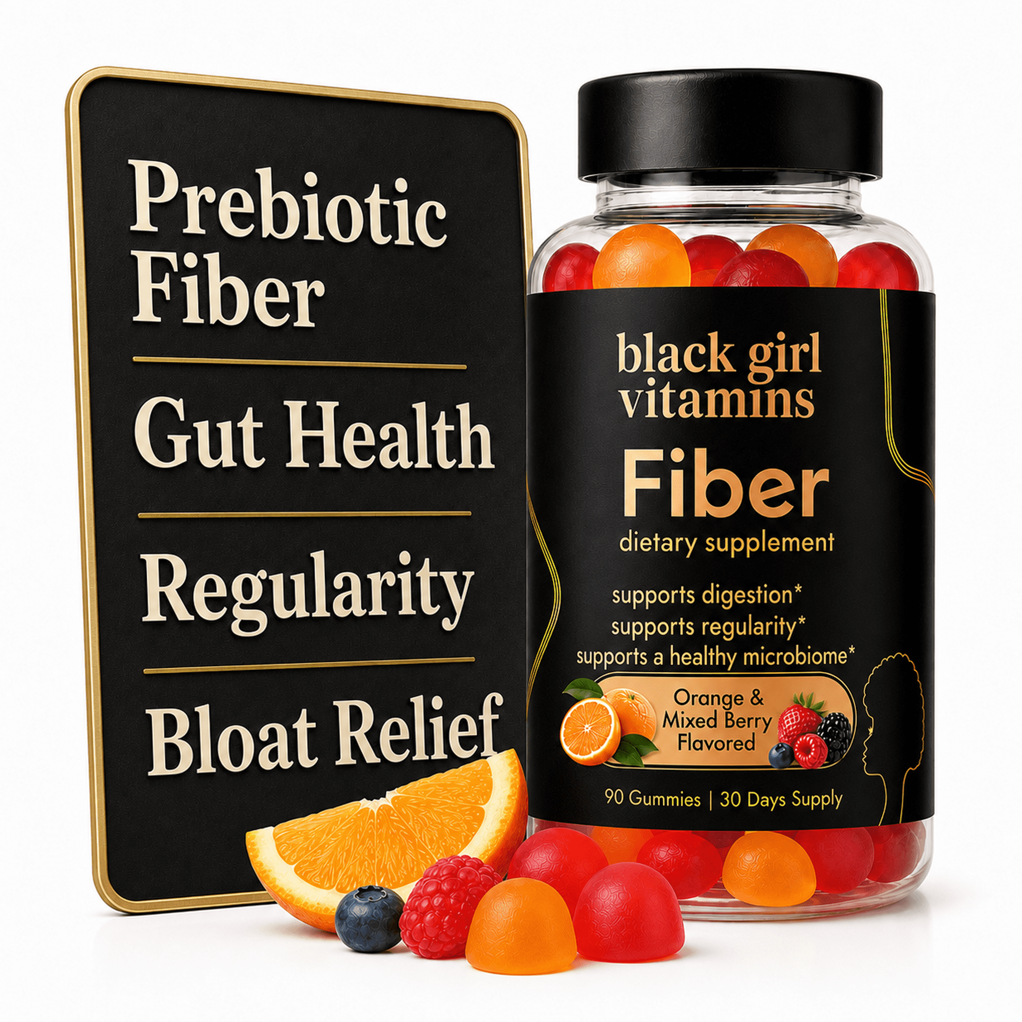 Black Girl Vitamins - Fiber Gummies - Prebiotic for Gut Health & Bloat Relief - Supports Digestion, Regularity & Microbiome Balance - Vegan, Gluten-Free, Halal (Orange & Mixed Berry, 30 Day Supply)