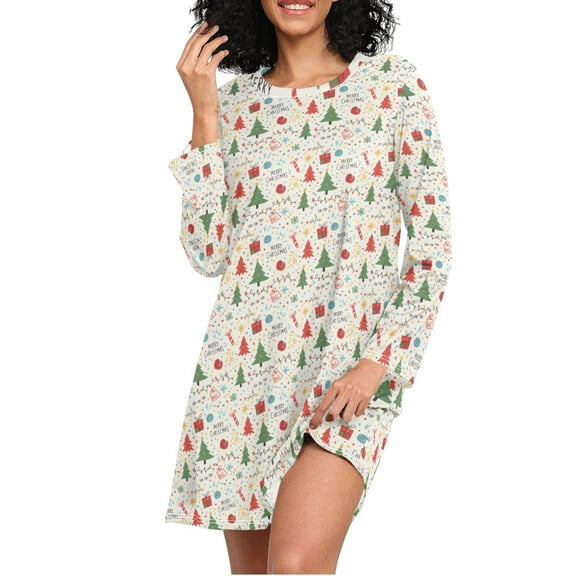 joogoo Christmas Tree Print Women's Long Sleeve Nightgown Sleepwear L