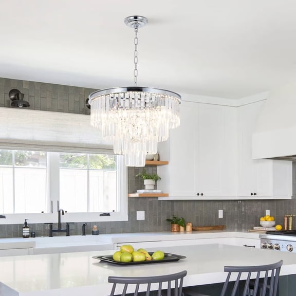 KPIBEST 20 inch modern 4-layer crystal chandelier, 6-light living room chrome crystal chandelier suitable for dining room, foyer, kitchen and bedroom